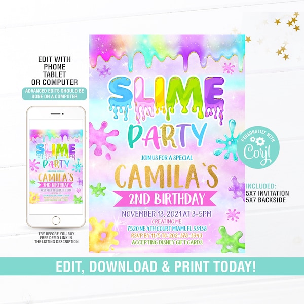 Slime Birthday Invitation EDITABLE, Slime Invitation, Slime Birthday Party Invitation, Girl Birthday Invitation, Digital Instant Download