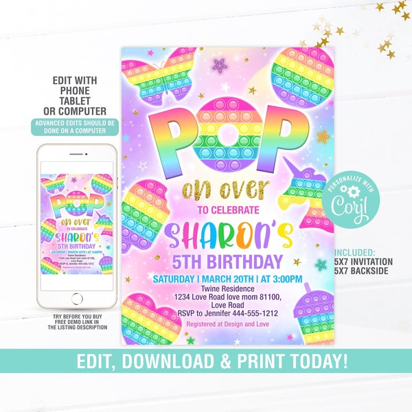 Pop It Birthday Invitation EDITABLE, Rainbow Pastel Birthday Party Invitation Instant Download