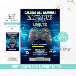 Videospiel-Geburtstagseinladung bearbeitbar, Gaming-Party-Einladung, druckbarer Gamer-Geburtstag einladen, sofortiger Download