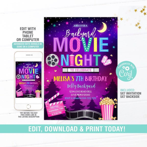 Movie Night Invitation EDITABLE, Backyard Movie Night Invitation, Outdoor Movie Birthday, Sleep Over Invite, Digital Instant Download