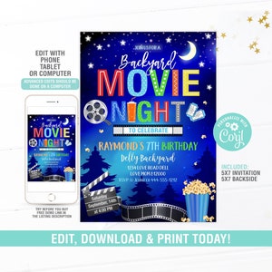 Movie Night Invitation EDITABLE, Backyard Movie Night Invitation ...
