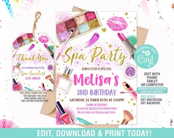 Editable Spa Party Birthday Invitation, SPA Party Tags, Makeup Party Invitations, Glam Party Invite, Instant Download