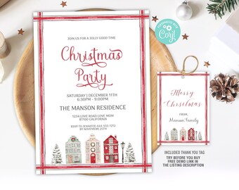 May include: Christmas party invitation and gift tag set. The invitation features a red border and text, including the party details. The gift tag reads "Merry Christmas" and includes a watercolor illustration of houses.