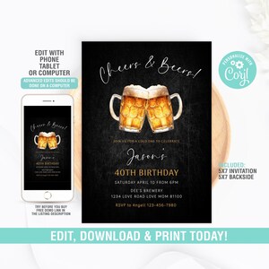 May include: An editable 5x7 invitation template for a 40th birthday party with a beer theme. The invitation features a black background with gold text and a watercolour illustration of two beer mugs clinking. The text reads "Cheers & Beers!" and "Jason's 40th Birthday".