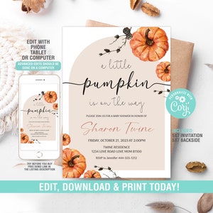 Little Pumpkin Baby Shower Invitation EDITABLE, Fall Autumn Baby shower arch Invite Personalized Gender Neutral Party Instant Download