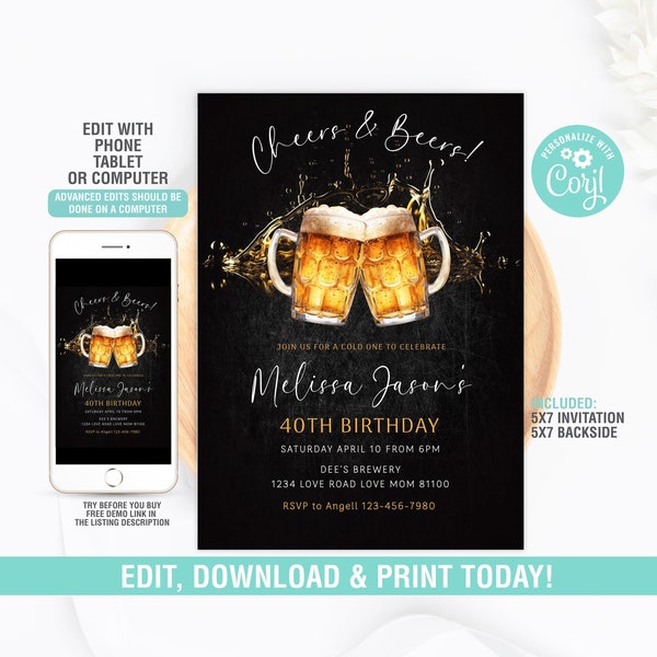 Cheers and Beers Birthday Party Invitation Editable 30th 40th 50th Surprise Beer Party Invite, Adult Birthday Invite Instant Download