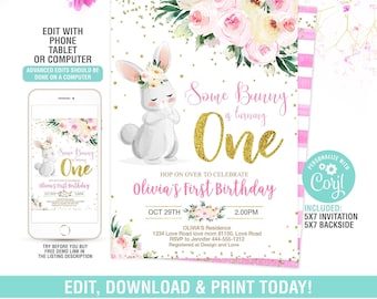 Editable Bunny Invitation,Some Bunny Party,Easter Birthday Invite,Rabbit invitation,Floral Bunny Invitation,Instant download