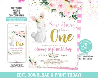 Bearbeitbare Häscheneinladung, einige Häschenparty, Ostern-Geburtstag einladen, Kanincheneinladung, Blumenhäscheneinladung, sofortiger Download