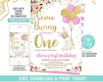 Bunny-Geburtstags-Einladung, EDITIERBARE Bunny 1st Geburtstag einladen, einige Bunny Party einladen, Blumenhase einladen, Kaninchen-Mädchen-Party, sofort download