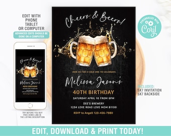 Cheers and Beers Birthday Party Invitation Editable 30th 40th 50th Surprise Beer Party Invite, Adult Birthday Invite Instant Download