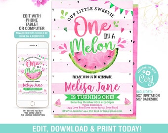 Watermelon Invitation EDITABLE, One in a Melon Birthday Invitations Girl,1st Birthday Invitation, Pink Watermelon Party Invite, Printable