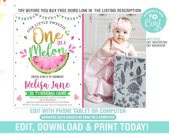 Watermelon Invitation EDITABLE, One in a Melon Birthday Invitations, Pink Watermelon Party, 1st Birthday Printable, Summer, Instant Download