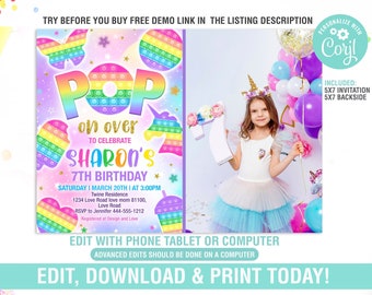 Pop It Birthday Invitation EDITABLE, Rainbow Pastel Birthday Party Invitation Instant Download