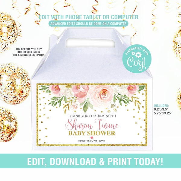 Floral Baby Shower Gable Box  EDITABLE, Floral Gable Box, Blush Pink Gable Box Shower Label,Bridal Shower Gable Box Instant Download