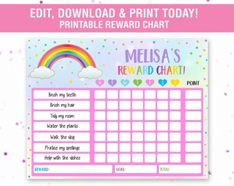 Rainbow Reward Chart Editable, Kids Chore Chart Rainbow Routine Chart, Rainbow Behavior Chart, Responsibility Chart Printable