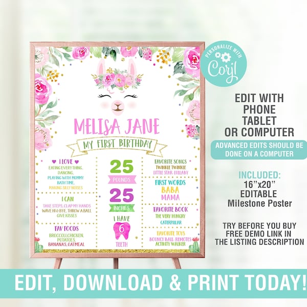 Llama Milestone Birthday Poster EDITABLE, Llama First Birthday Chalkboard, 1st birthday poster,Stats Board First Year, Editable PDF