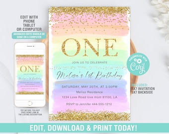 Editable Rainbow Birthday Invitation, Pastel Rainbow Invitation, Pastel Rainbow Party, girl 1st Birthday Invitation Template, 1st birthday