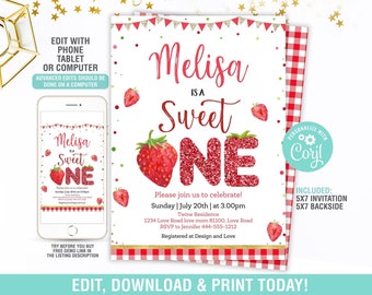 May include: A printable invitation for a first birthday party with a strawberry theme. The invitation features a red and white gingham pattern, a strawberry with a glitter-covered "one" and the text "Melisa is a Sweet One".