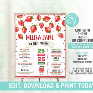Affiche d'anniversaire aux fraises MODIFIABLE, tableau noir pour le premier anniversaire de petits fruits, affiche du 1er anniversaire, tableau de statistiques première année, PDF modifiable