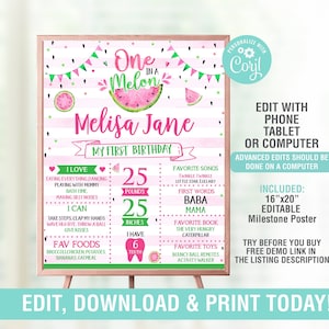 Cartel editable de cumpleaños con motivo de sandía, letrero de primer cumpleaños con forma de sandía rosa, letrero de pizarra con un melón, letrero con estadísticas, imprimible