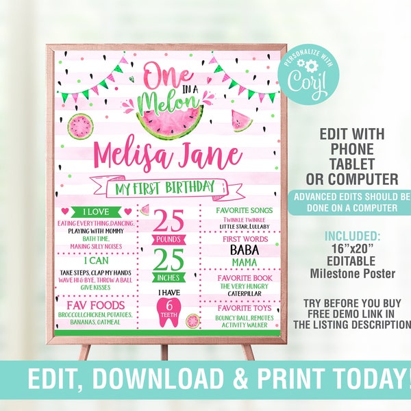 Editable Watermelon Milestone Birthday Poster Pink Watermelon First Birthday Sign, One in a Melon Chalkboard Sign Stats Board, Printable