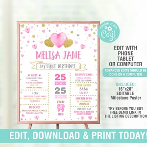 Sweetheart First Birthday Milestone Poster EDITABLE, Valentine Milestone Poster, Pink Gold Heart Milestone, Instant Download
