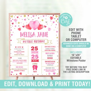 Sweetheart First Birthday Milestone Poster EDITABLE, Valentine Milestone Poster, Pink Red Gold Heart Milestone, Instant Download