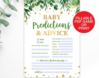 Greenery Baby Predictions and Advice Card, Gender Neutral Baby Shower Games, Virtual Baby Prediction Game Printable Instant Download