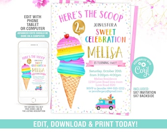 Invitación de cumpleaños con helado, tema de fiesta de dulces, tarjeta de cumpleaños personalizada para niños, invitaciones de fiesta personalizables para celebraciones dulces