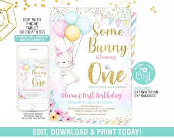 Bunny-Geburtstags-Einladung, EDITIERBARE Bunny 1st Geburtstag einladen, einige Bunny-Geburtstags-Einladung, Floral Bunny-Einladungs-Party Sofort-Download