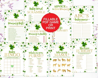 May include: Printable baby shower game cards with a shamrock and gold confetti design. The games include "Who Knows Mommy Best", "Baby Word Scramble", "Advice for the New Mommy", "Guess Who Mommy or Daddy", "ABC's Baby Game", "Baby Bingo", "What's in Your Purse", "Who is My Mama", and "The Price is Right".