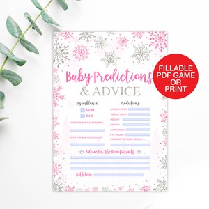 Tarjeta con predicciones y consejos para bebés en invierno, juegos para baby shower de niñas en invierno, juego de predicción virtual para bebés con copos de nieve, descarga instantánea e imprimible