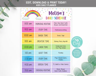 Home School Daily Planner EDITABLE,Rainbow Routine Schedule Chart,Kids Daily Routine Schedule Editable, Daily Home School Planner, Printable
