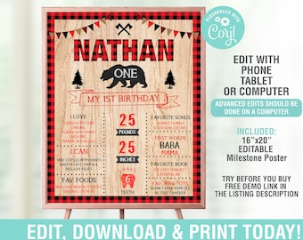 Lumberjack Milestone Birthday Poster EDITABLE,Buffalo Plaid,First Birthday Chalkboard,1st birthday poster,Stats Board,Instant Download