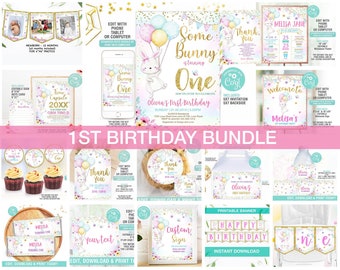 Bunny Birthday Bundle, Bunny 1st Birthday Invitation, Easter Birthday Party, First Birthday Girl, Some Bunny Birthday Invitation, Digital
