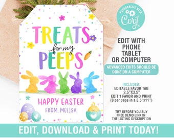 May include: Printable Easter treat bag tag with colorful watercolor illustrations of chicks and bunnies. The tag says "Treats for my peeps" and "Happy Easter".