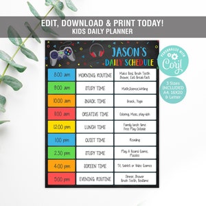 Home School Daily Planner Editable, Gamer Routine Schedule, Kids Daily Routine Schedule Editable, Daily Home School Planner, Printable