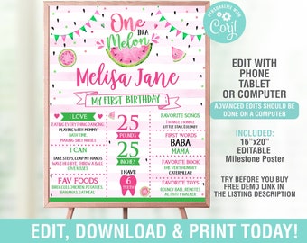 Editable Watermelon Milestone Birthday Poster Pink Watermelon First Birthday Sign, One in a Melon Chalkboard Sign Stats Board, Printable