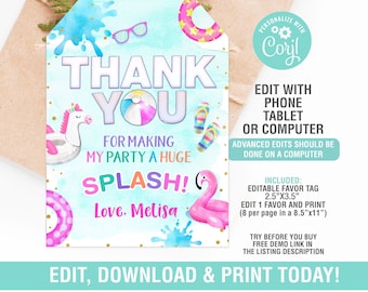 Pool Party Favor Tag EDITABLE, Thank You Tags, Pool Party Thank You Tag, Instant Download