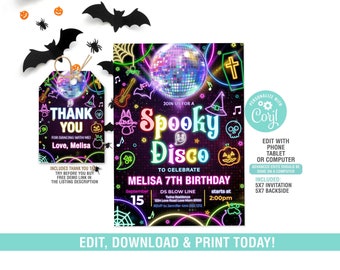Könnte beinhalten: Eine digitale Einladung in Neonrosa und -grün für eine Spooky Disco-Party zur Feier von Melisas 7. Geburtstag. Die Einladung zeigt eine Discokugel, einen Hexenhut, einen Totenkopf und einen Kürbis. Der Text auf der Einladung lautet "Schließt euch uns für eine Spooky Disco zur Feier von Melisas 7. Geburtstag an". Das Datum ist der 15. September und die Uhrzeit ist 14:00 Uhr.