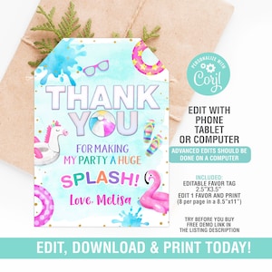 Pool Party Favor Tag EDITABLE, Thank You Tags, Pool Party Thank You Tag, Instant Download