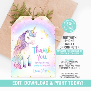 Unicorn Thank You Tag, Unicorn Birthday Tag, Magical Birthday Favor, Unicorn Birthday Favor Decor