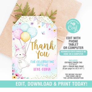 Bunny Favor Tags EDITABLE,Bunny Birthday Gift Tag, Thank you tags, Instant Download