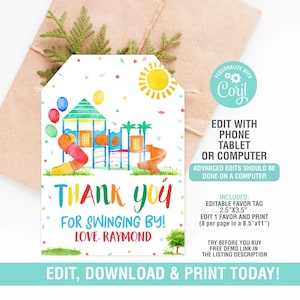 Playground Favor Tag,Playground Favor Tag, Playground Thank You Tag, Playground Park Birthday EDITABLE, Instant Download