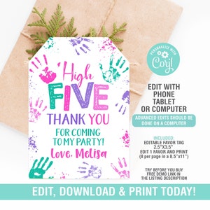 High five Thank you Tag, High Favor Tag EDITABLE, High Five Birthday Tag, Instant Download