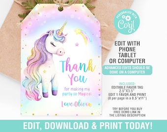 Etiqueta de agradecimiento de unicornio, etiqueta de cumpleaños de unicornio, obsequio de cumpleaños mágico, decoración de obsequio de cumpleaños de unicornio
