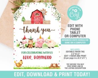 Farm Animal Party Tags EDITABLE, Barnyard Party Favor Tags, Red Barnyard Birthday Party, Thank you Tag, Instant Download