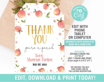 Peach Favor Tags EDITABLE, Thank You Tags, Peach Fruit Thank You Tags, Gift Tag, Instant Download