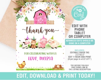 Farm Animal Party Tags EDITABLE, Barnyard Party Favor Tags, Pink Barnyard Birthday Party, Thank you Tag, Instant Download