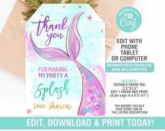 Mermaid Birthday Favor Tag Editable, Mermaid Thank You Tag, Splish Splash Thank you Tag,Digital